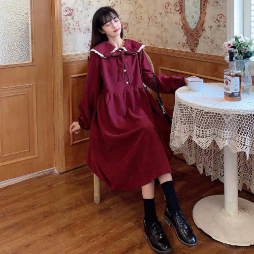 Autumn  new sweet French corduroy waist slimming bow long-sleeved dress preppy style women's skirt