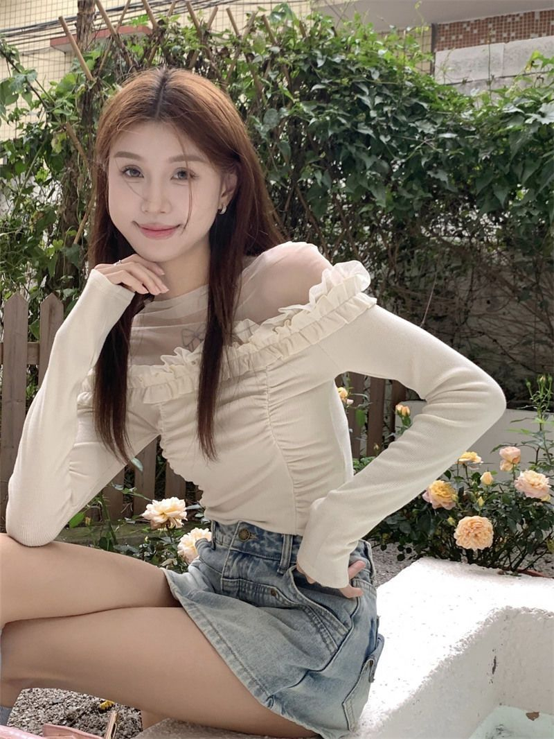 Spice girl mesh long-sleeved T-shirt women's spring design sense niche short top