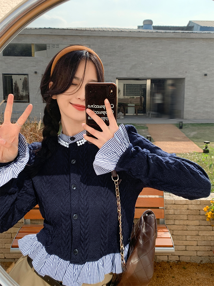 Yang Paopao dark blue patchwork knitted cardigan for women 2023 autumn new loose Korean style sweater top