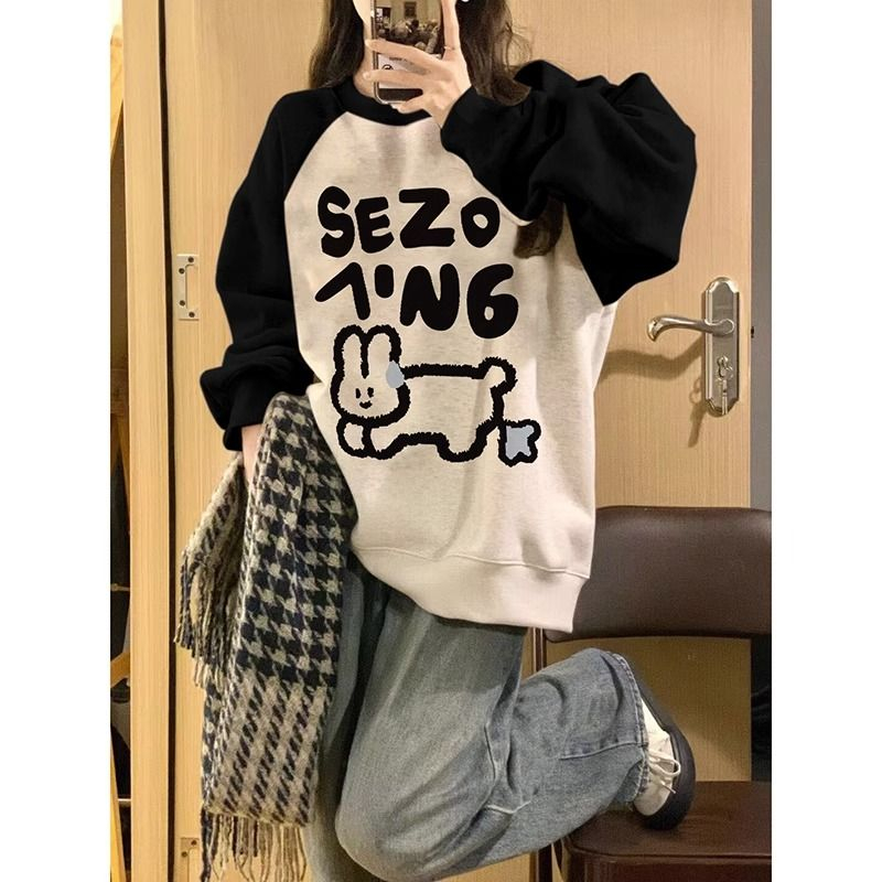 American vintage fun cartoon letters round neck sweatshirt for women spring and autumn new casual loose long-sleeved T-shirt