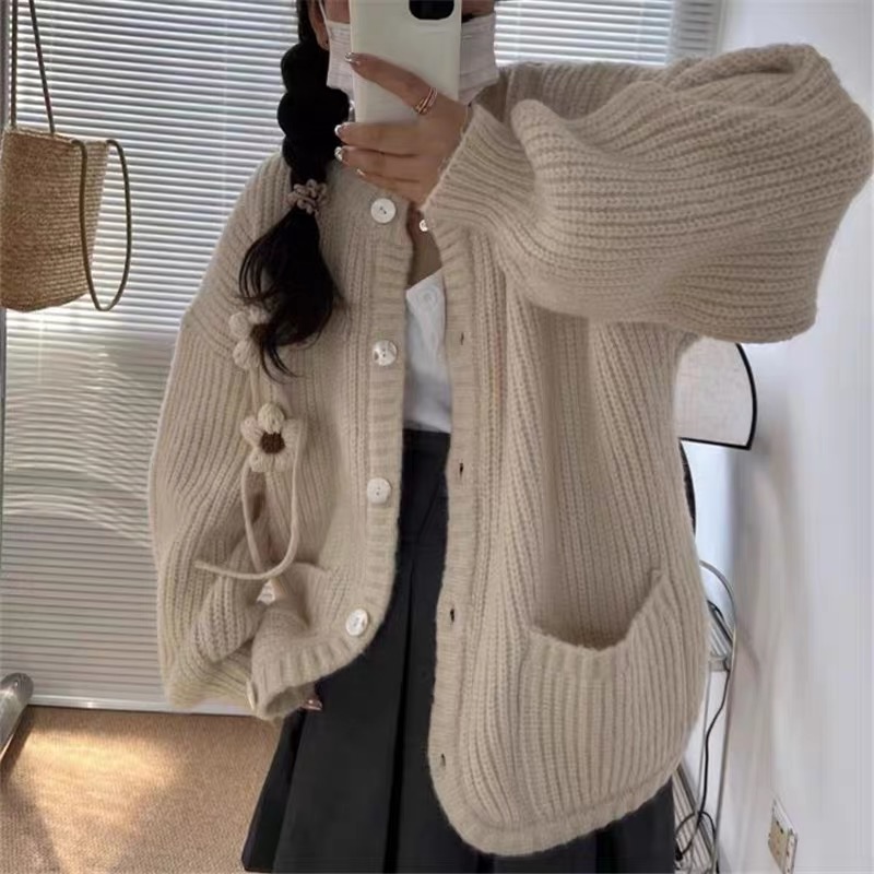 Autumn and winter women's Korean style thickened sweater new style gentle lazy style knitted cardigan artistic pink loose cardigan outer