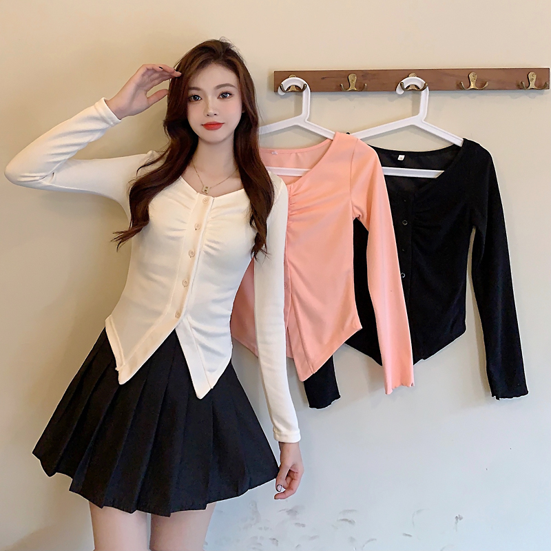 Sweet Spicy Girl Pleated Design Sense Large V-Neck T-shirt Women's Autumn New Caution Machine Long Sleeve Bottom Top