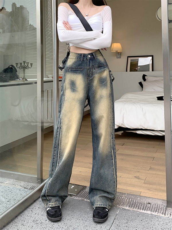 Wide-leg jeans for women in spring and autumn high-waisted loose straight 2023 new style retro drape floor-length pants