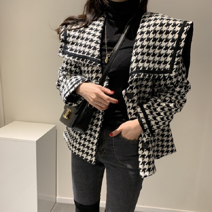 Korean chic retro navy collar wool cloak houndstooth plaid short coat coat