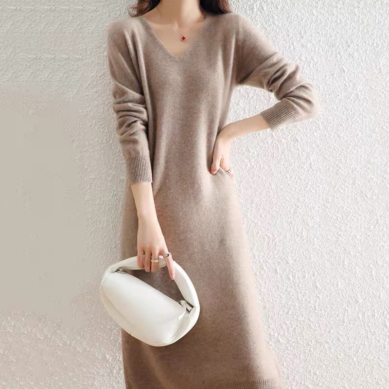 Autumn and winter with coat V-neck wool knitted dress women's winter French loose high-end inner bottoming dress