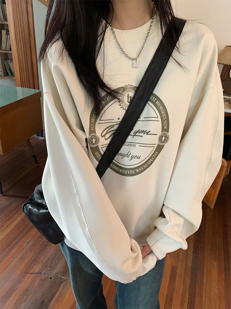 Retro simple printed round neck sweatshirt for female students, loose and versatile, lazy pullover long-sleeved top, trendy