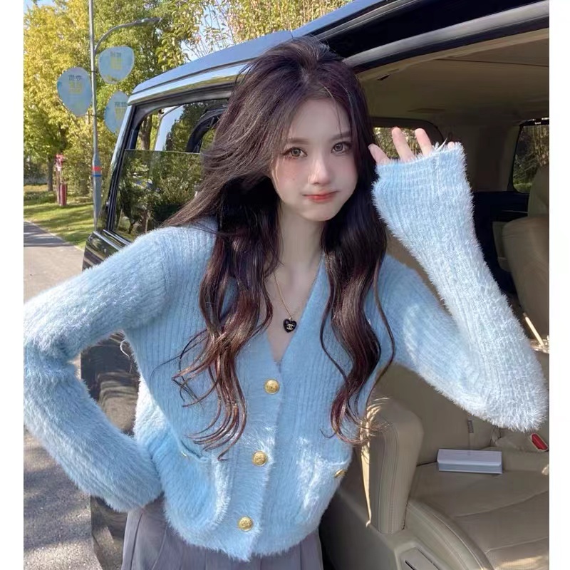 Xiaoxiangfeng super fairy mink velvet short sweater jacket for women in spring, autumn and winter, high-end, gentle and lazy style cardigan top