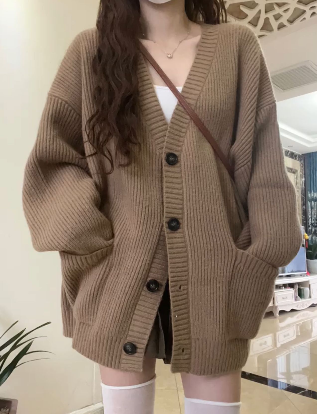 2023 autumn and winter lazy style sweater cardigan gentle spring and autumn mid-length v-neck loose gray sweater jacket for women