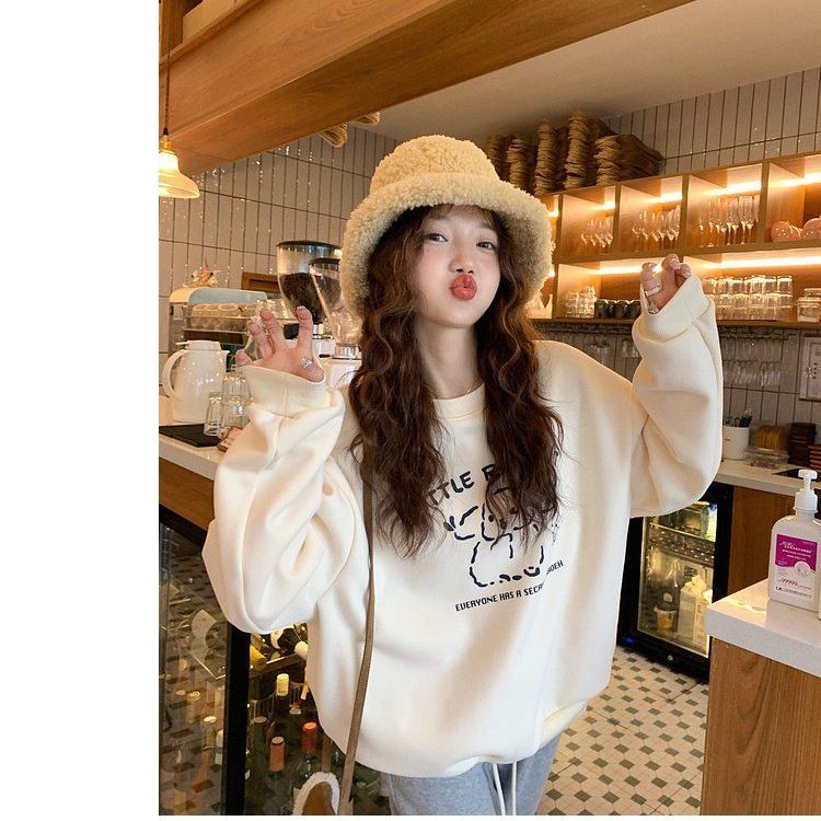 Plus velvet thickened cartoon simple printed round neck sweater female students loose all-match lazy pullover long-sleeved top trendy