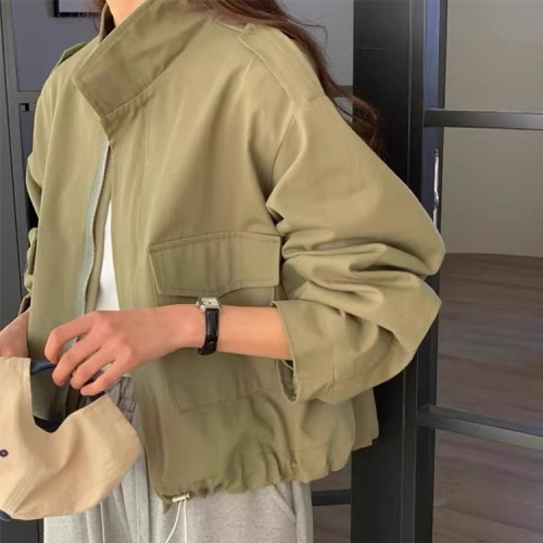 Korean chic summer retro Hong Kong style stand-up collar zipper design loose casual all-match long-sleeved short coat for women