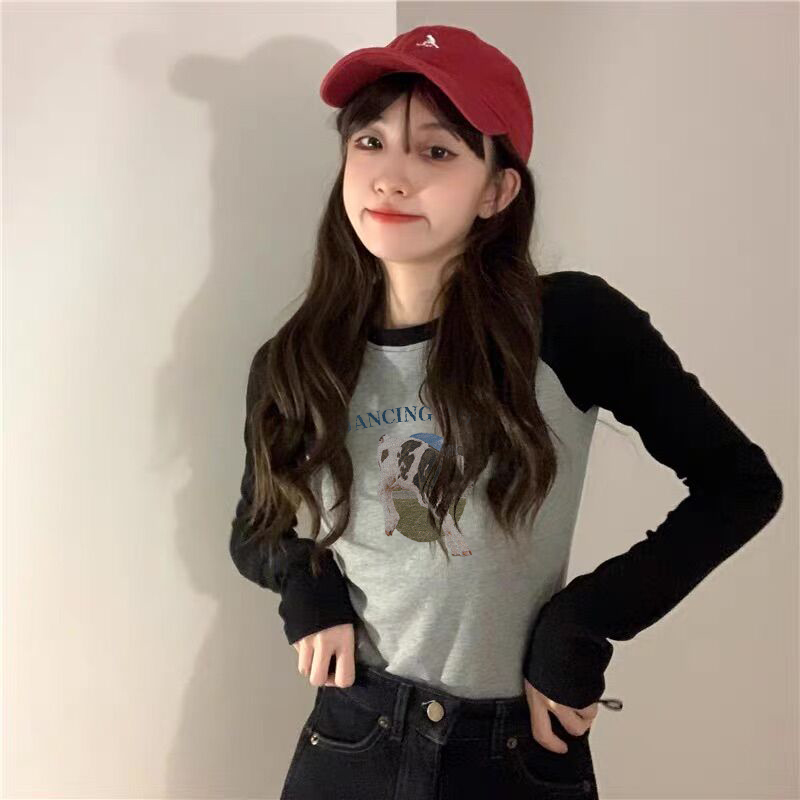 American retro contrasting letter long-sleeved T-shirt for women in autumn and winter new hot girl slim-fitting bottoming shirt top