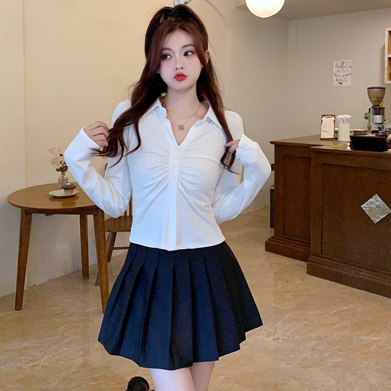 New autumn and winter women's design pleated long-sleeved T-shirt slim fit small lapel pure lust style top