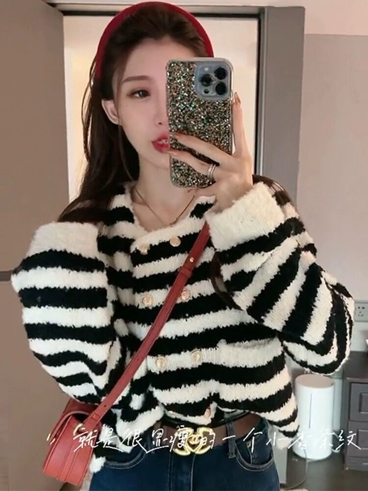 Striped sweater women's autumn and winter loose design feeling niche small fragrance thickened short knitted cardigan jacket top