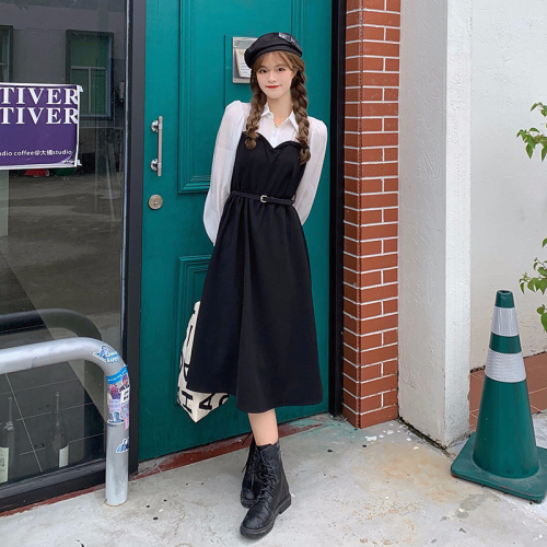  New Autumn Slim Fit Versatile Splicing Fake Two-piece POLO Collar Puff Sleeve Dress A-Line Skirt for Women