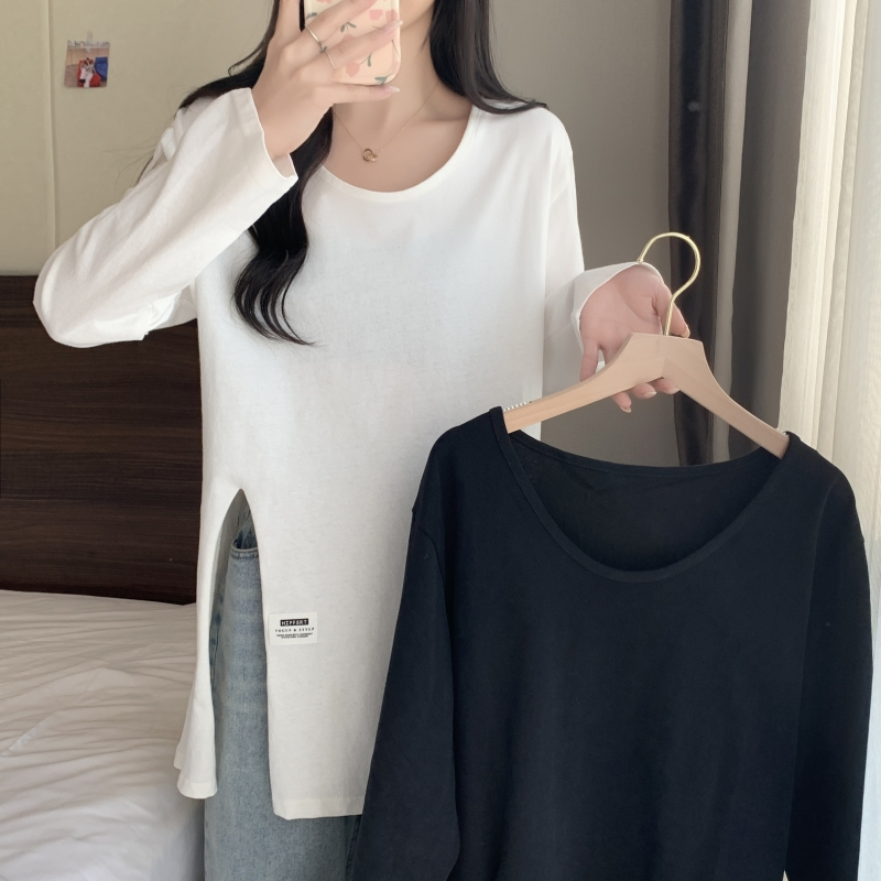 There are ammonia velvet mid-length cardigan long-sleeved T-shirt women's brushed slit top