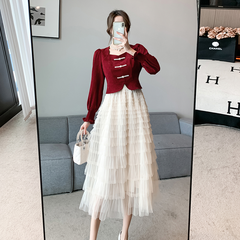 New Chinese style disc buckle small fragrant short top women's high waist gauze cake skirt versatile skirt two-piece set