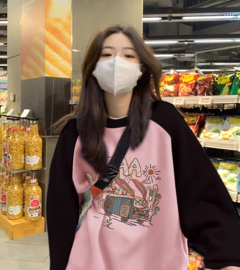 Baixin Shi Mao Hua Cotton Composite Milk Silk 300g Thin Raglan Spliced ​​Round Neck Sweatshirt