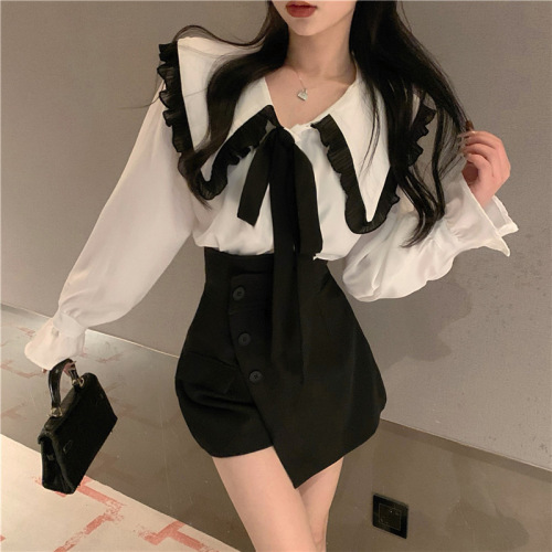 Sweet color contrasting wooden ear bowknot long-sleeved shirt women 2023 autumn loose outer wear inner baby face shirt