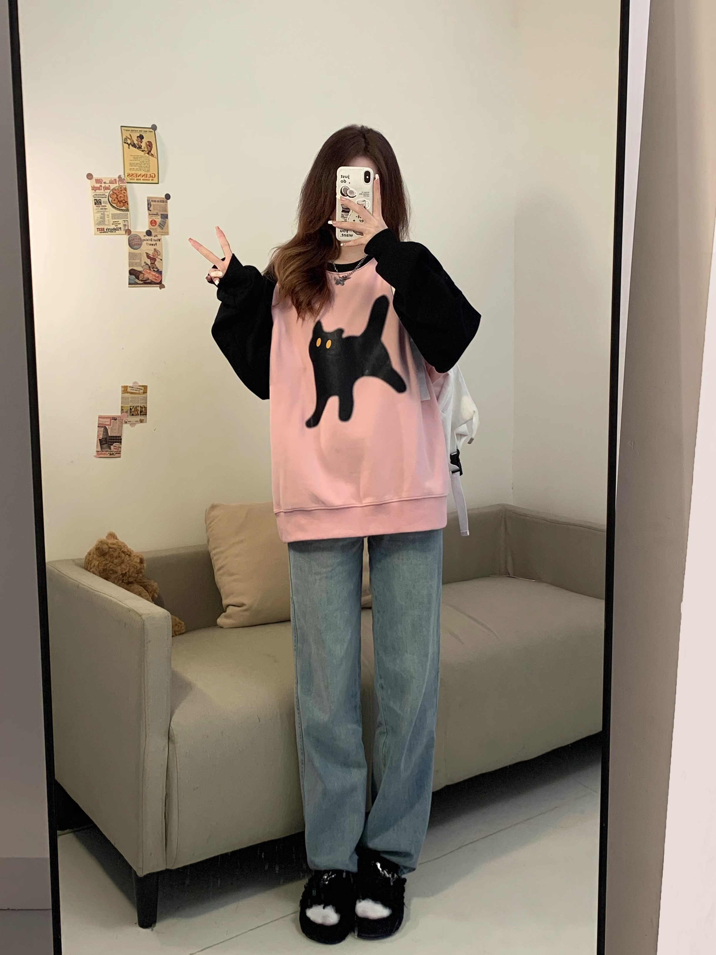 Shimaohua cotton composite milk silk 300g thin raglan spliced ​​round neck sweatshirt