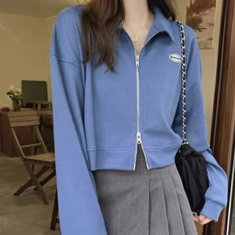 Official photo waffle double-ended zipper short jacket spring and autumn Korean style loose and versatile ins sweatshirt women's top