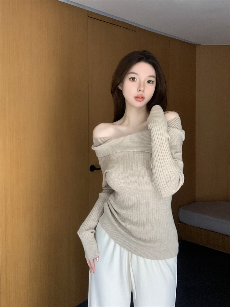 Lazy one-shoulder sweater autumn and winter new style high-end gentle design long-sleeved knitted top