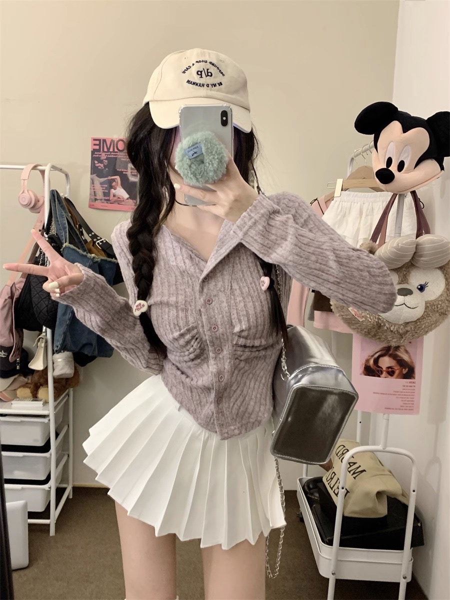 Brushed fabric hot girl wear slim long-sleeved jacket for women 2023 new solid color versatile bottoming cardigan top
