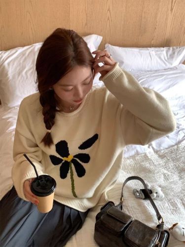 Korean style ins style lazy loose floral sweater autumn and winter new style super nice pullover sheep cashmere sweater for women