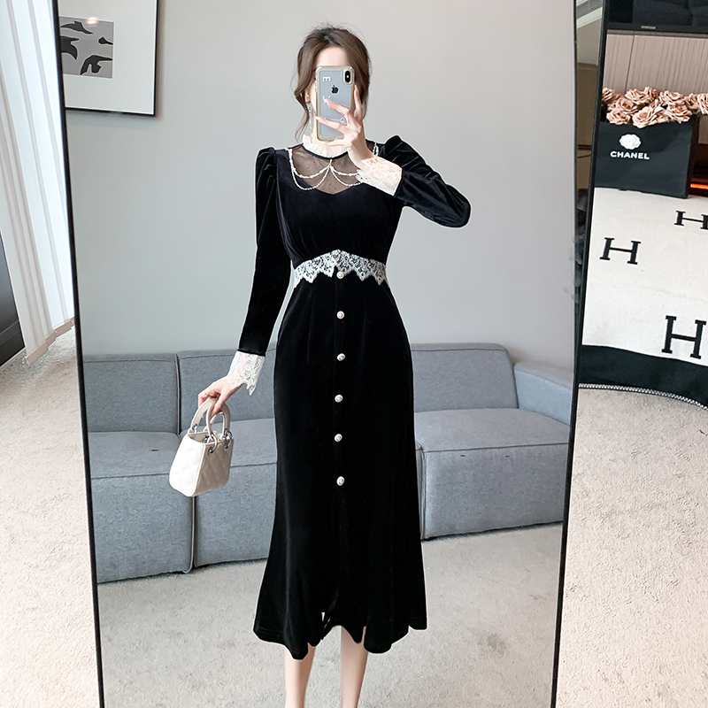 2023 autumn and winter new lace velvet skirt high-end design puff sleeves stand-up collar long skirt dress