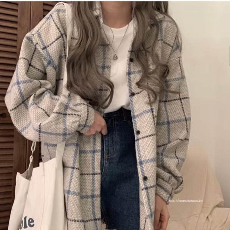 2023 new autumn all-match Korean loose plaid shirt niche tops jacket small man coat shirt women