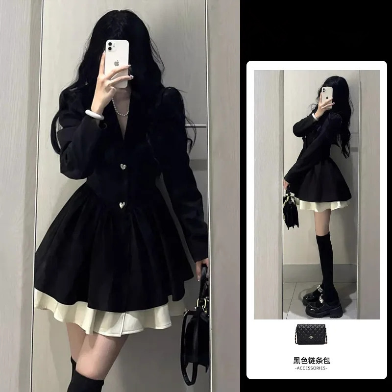 Original fabric + lining black long-sleeved suit dress autumn high-end French princess tutu skirt