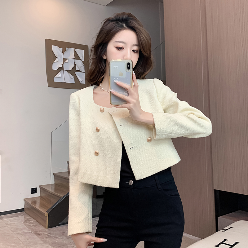 South Korea's Dongdaemun 2023 new autumn and winter style lady's style round neck single-breasted versatile short jacket