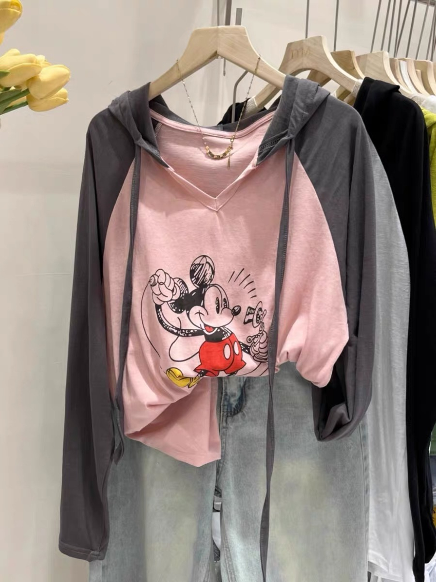 Official picture extra large size pure cotton back collar 300 pounds raglan sleeves hooded Mickey long-sleeved top