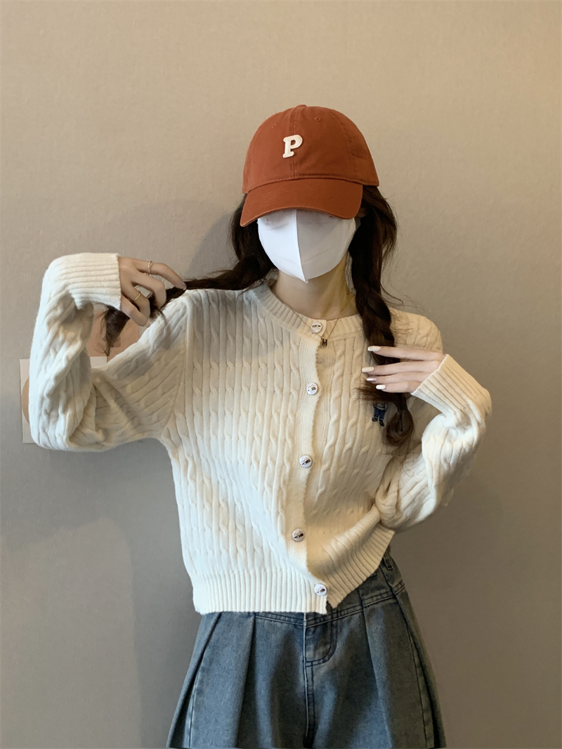 Autumn Korean version thickened round neck embroidered bear versatile loose soft waxy knitted jacket cardigan sweater