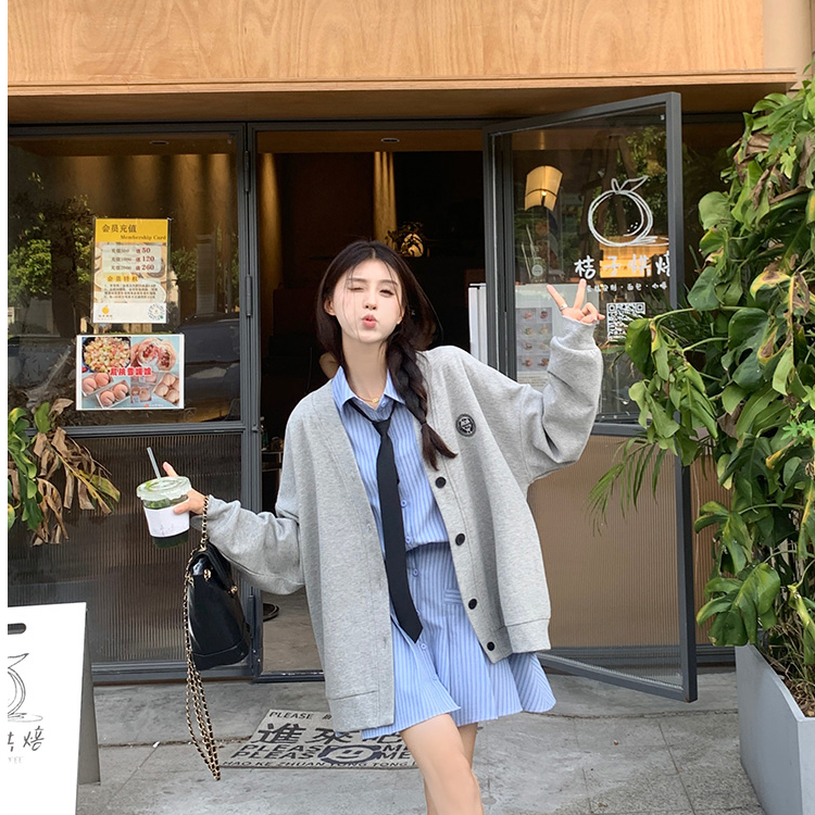 College style age-reducing lapel striped dress versatile long-sleeved jacket tops for women autumn new fashion two-piece set