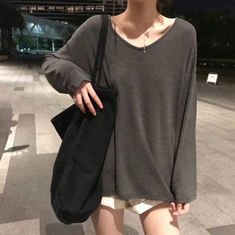 2023 autumn loose and versatile long-sleeved T-shirt for women early autumn lazy style