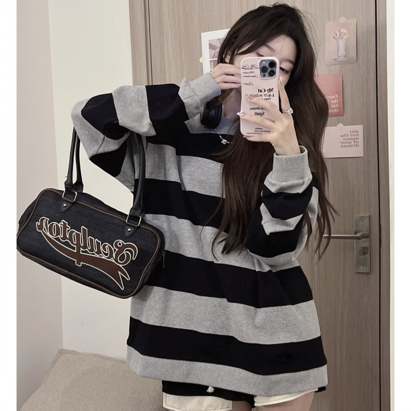 Big fish scale design niche autumn retro striped sweatshirt women's loose large version mid-length