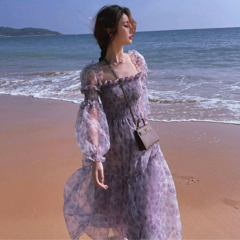 Original method + lining + wrap dress, super fairy waist, temperament, seaside vacation, niche beach dress, autumn