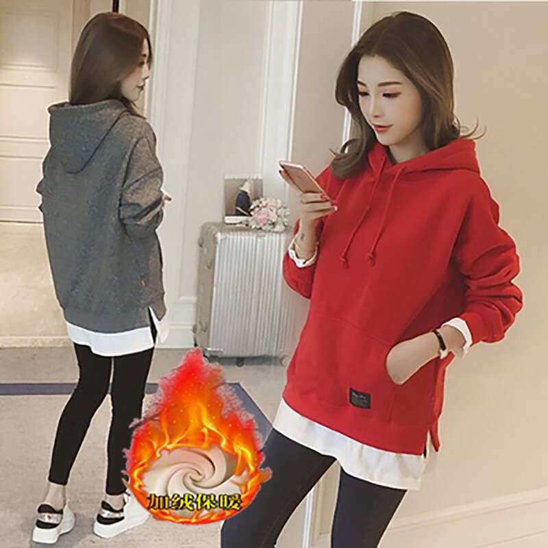Sweatshirt women's autumn and winter coat new loose mid-length plus velvet fake two-piece top trendy ins