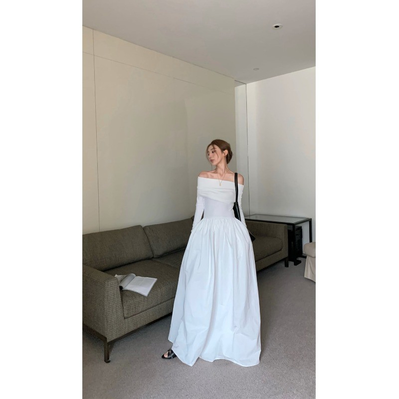 Retro temperament one-shoulder long-sleeved dress women's summer waist waist big swing A-line skirt long skirt
