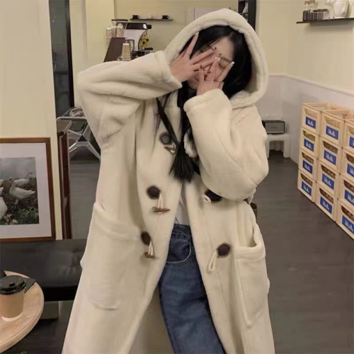 Long Horn Button Lamb Wool Jacket Women's 2023 Autumn and Winter Lamb Wool College Style Warm Hooded Coat