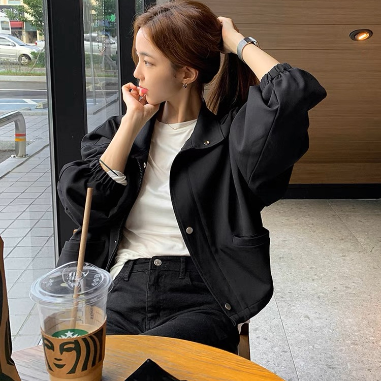 2023 New Spring and Autumn Thin Solid Color Short Jacket Feminine Lazy Style Loose Casual Stand Collar Jacket Top