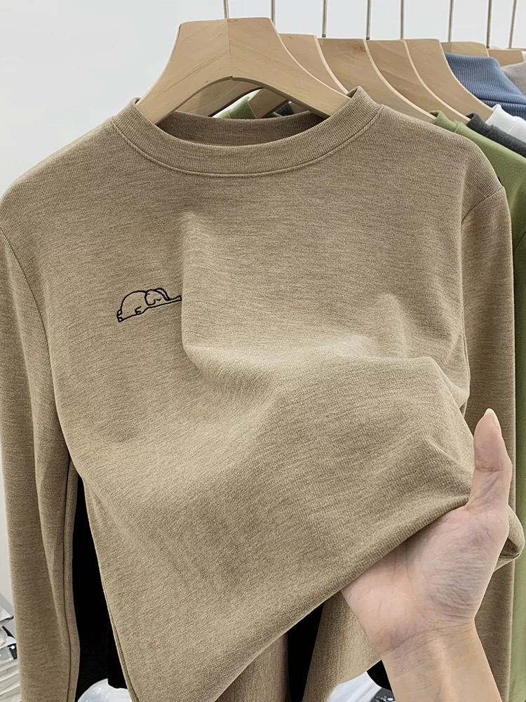 8131# 90 fiber 10 spandex, double-sided velvet, brushed wool to keep warm, embroidery long-sleeved T-shirt for women