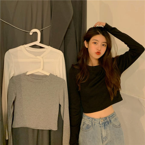 Long-sleeved bottoming shirt, Korean style short navel-baring T-shirt, women's autumn slim-fitting trendy top