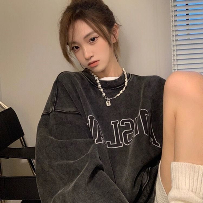2023 New Retro American Letter Printed Black Round Neck Sweatshirt Spring and Autumn Thin Section