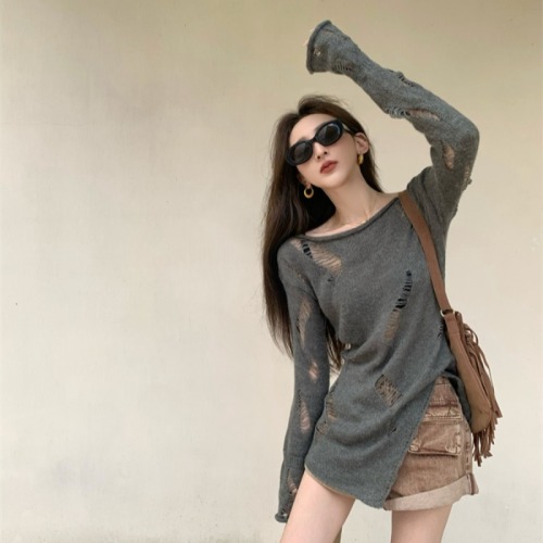 Irregular sun protection clothing for women 2023 new chic design European knitted sweater long hollow bottoming top