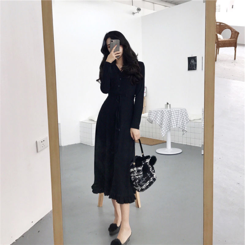 New Korean style slim V-neck slim long-sleeved waist first love dress retro dress for women