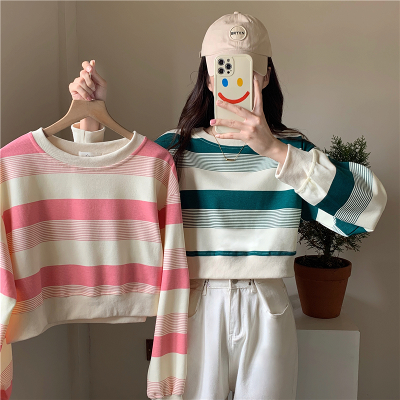 Twill pull-up spring and autumn short striped all-match hot girl sweatshirt women's design top