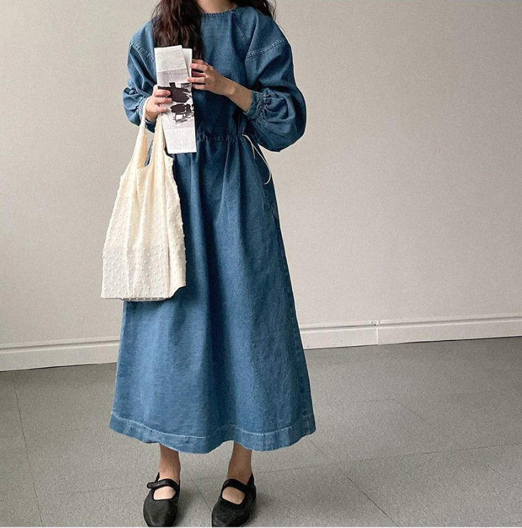 Korean chic spring and autumn retro lazy style round neck drawstring lace-up waist large swing imitation denim dress for women