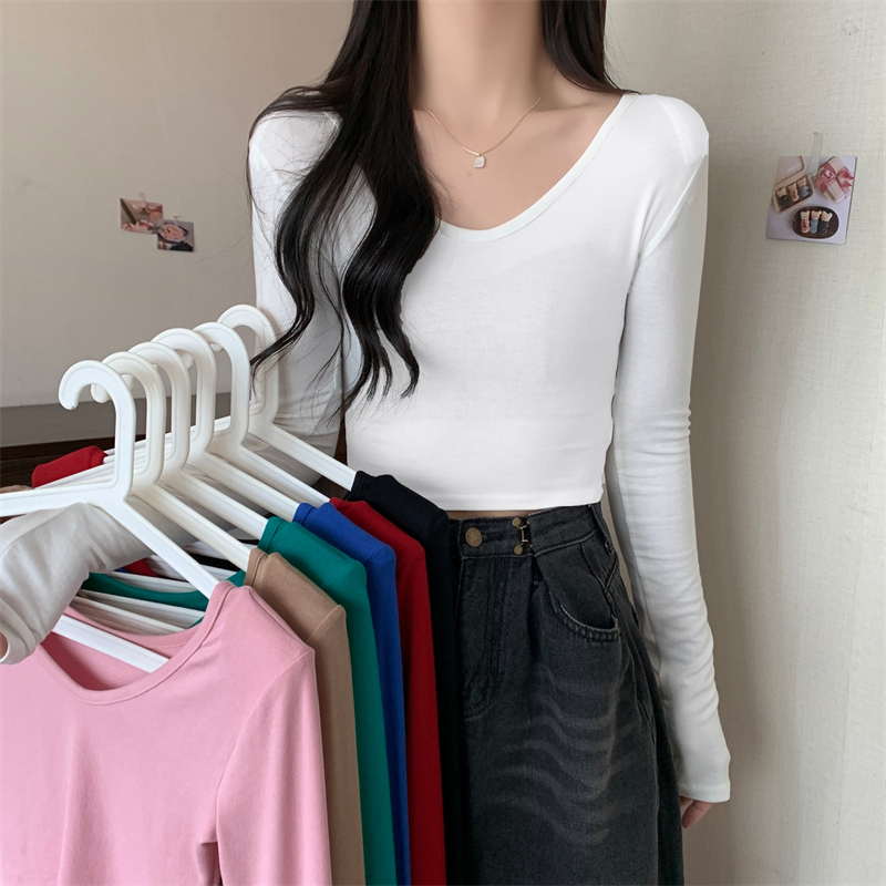 8156# Ammonium velvet brushed long-sleeved T-shirt women V-neck short bottoming shirt women