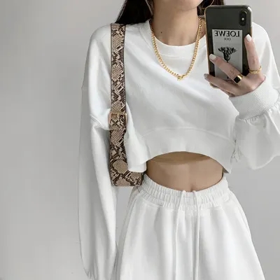 Short sweater women's autumn Korean solid color new loose round neck women's long-sleeved top